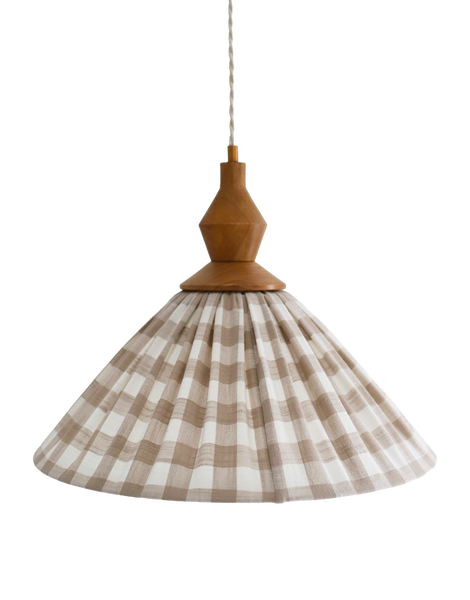 Olga Pleated Pendant Light in Beige Check Fabric with Turned Wood Finish