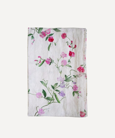 Linen runner with floral print sweet peas
