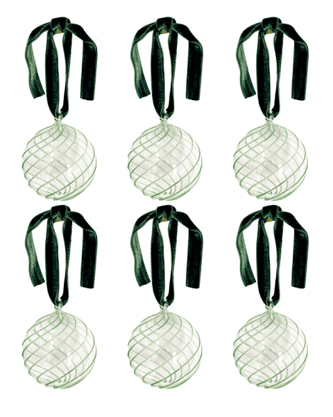 Box of Six Swirl Glass Baubles - Green