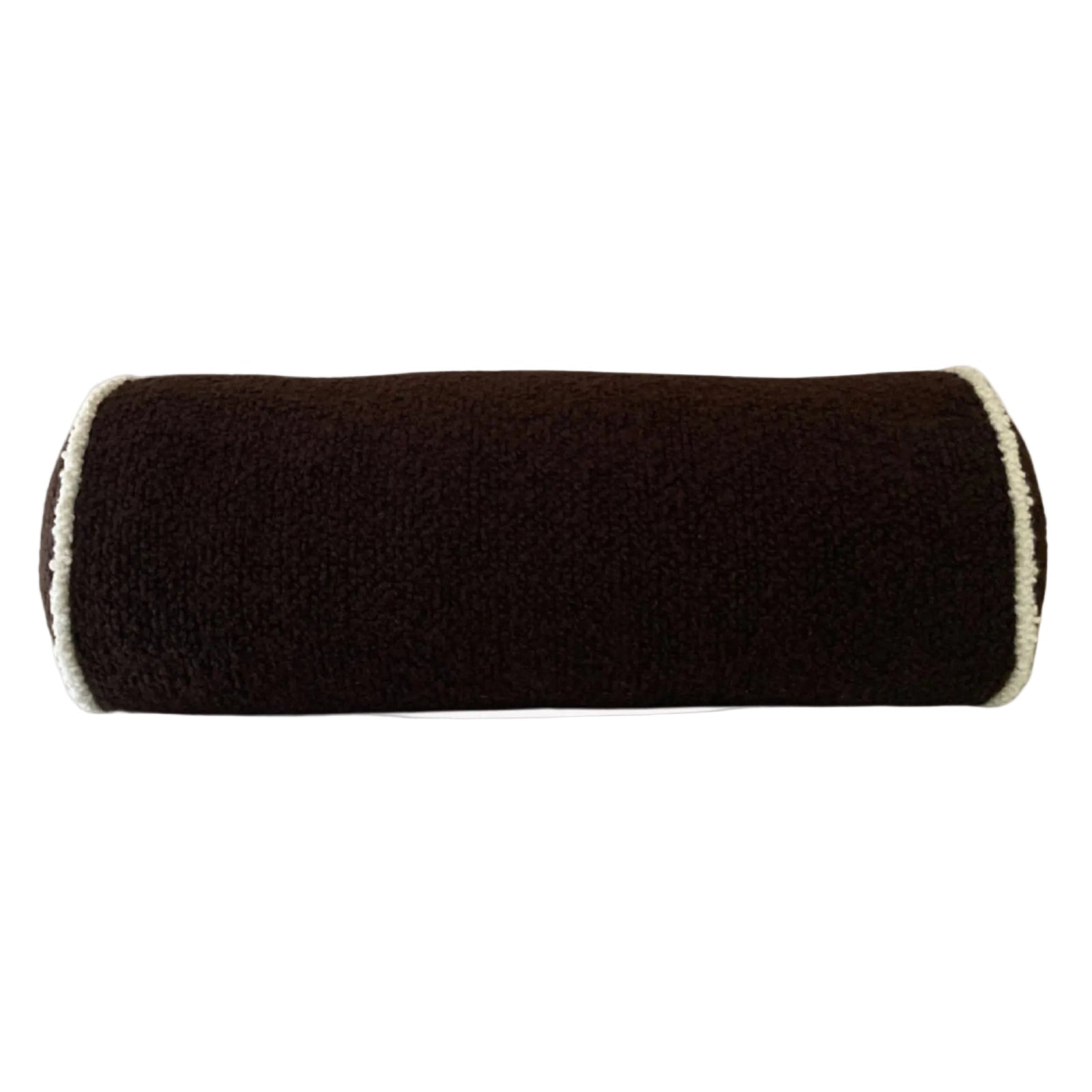 Brown and cream wool bouclé piped bolster cushion - handmade in UK