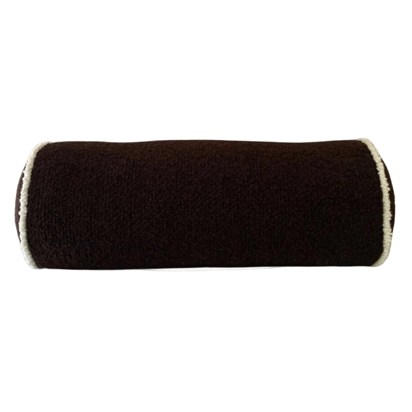 Brown and cream wool bouclé piped bolster cushion - handmade in UK