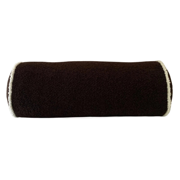 Brown and cream wool bouclé piped bolster cushion - handmade in UK
