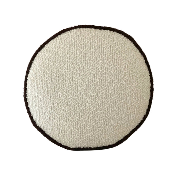Cream wool bouclé round piped cushion - handmade in UK