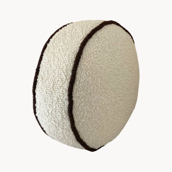 Cream wool bouclé round piped cushion - handmade in UK