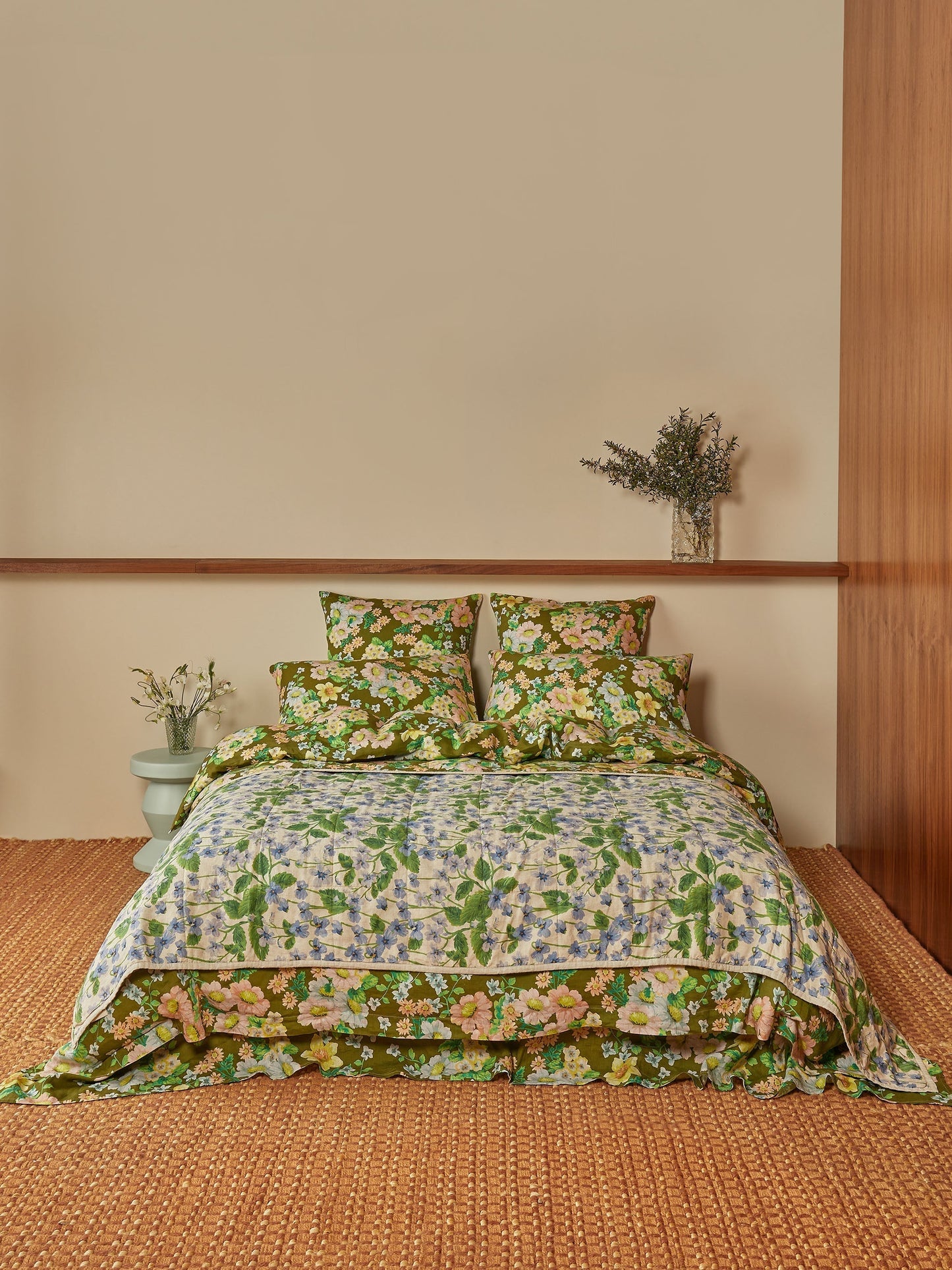 Buttercup Olive & Lilas Blue Linen Quilted Throw