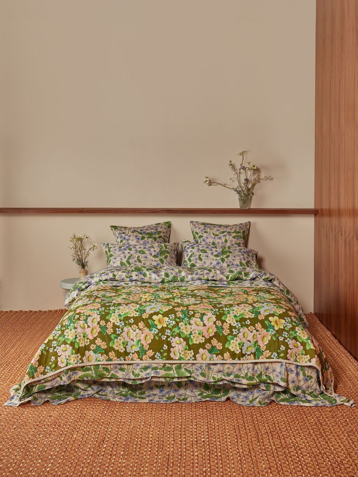Buttercup Olive & Lilas Blue Linen Quilted Throw