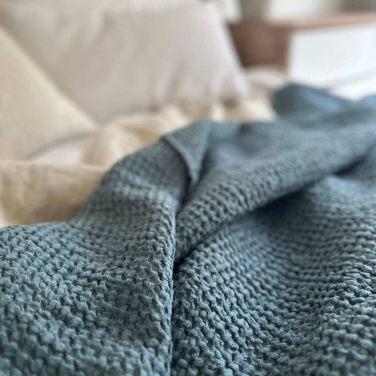 Mya Linen Waffle Blanket Slate Blue OEKO-TEX Certified