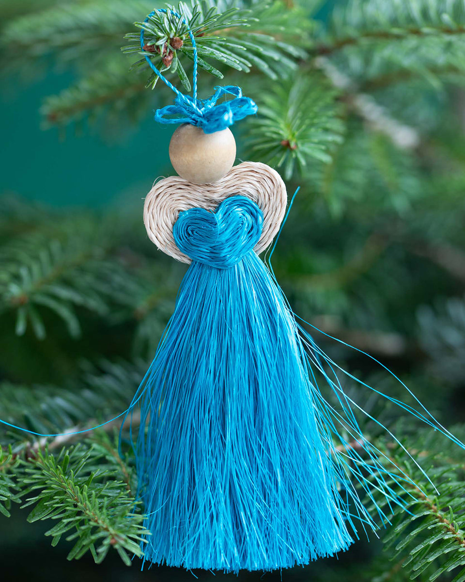 EZIBOMVANA: Handwoven Turquoise Love Angel Tree Decoration