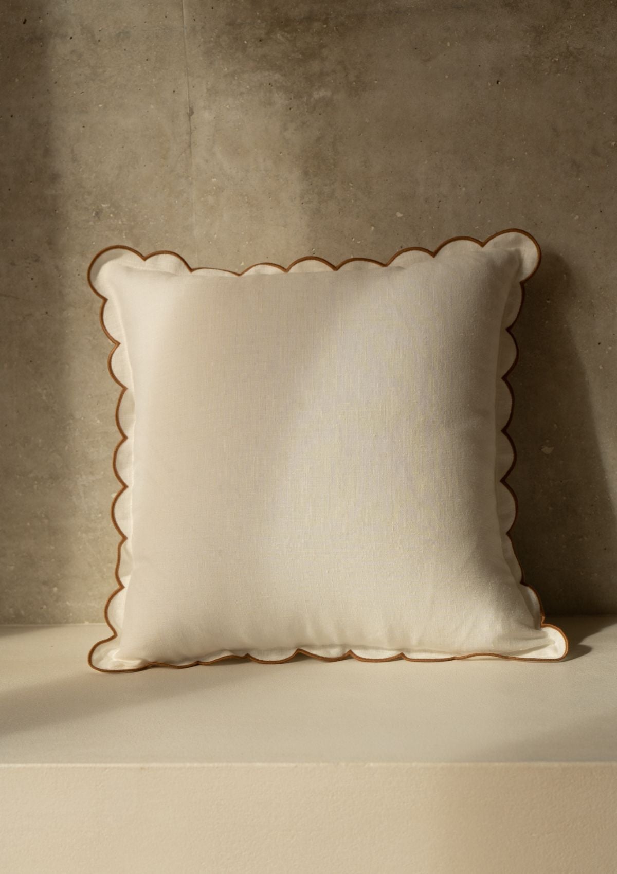 Scalloped Square Linen Cushion in White & Yellow Ochre