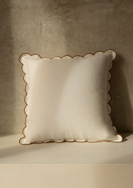 Scalloped Square Linen Cushion in White & Yellow Ochre