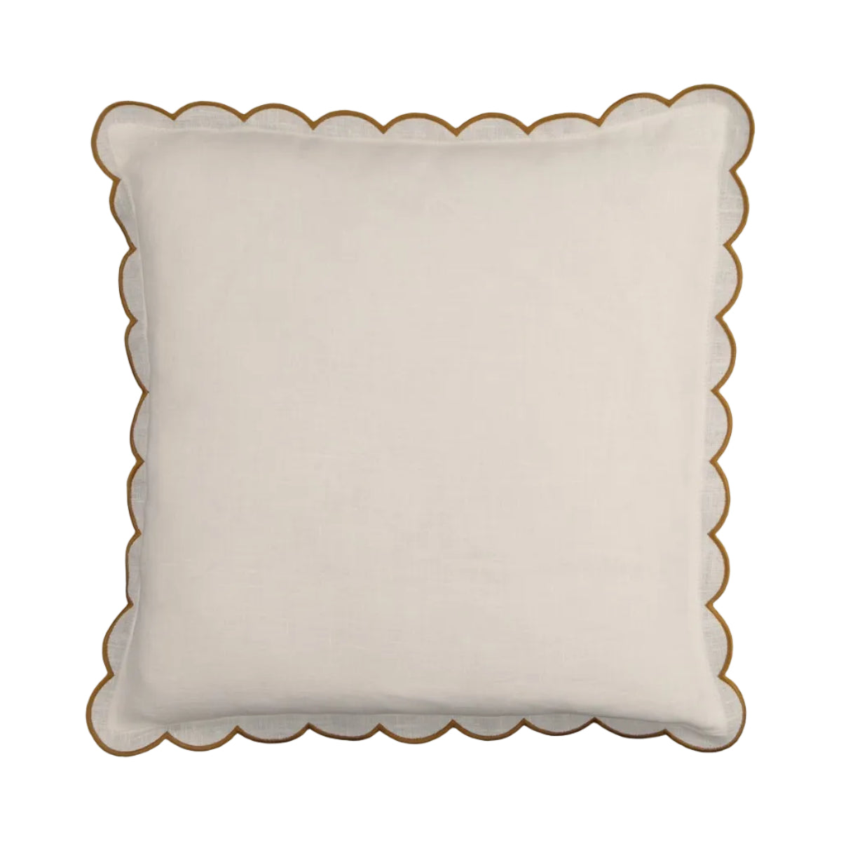 Scalloped Square Linen Cushion in White & Yellow Ochre