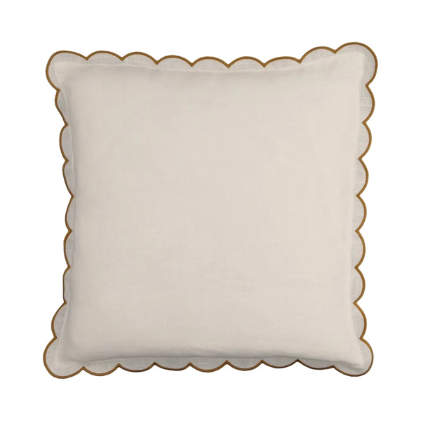 Scalloped Square Linen Cushion in White & Yellow Ochre