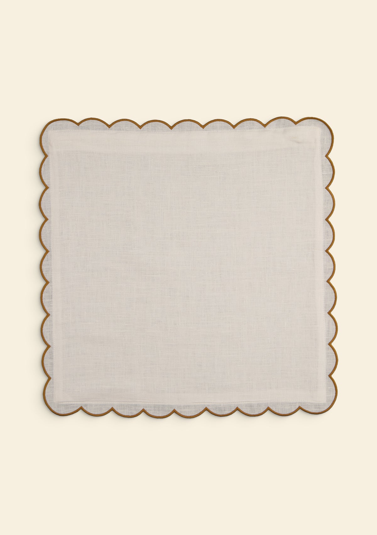 Scalloped Square Linen Cushion in White & Yellow Ochre