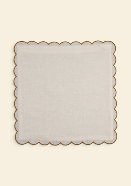 Scalloped Square Linen Cushion in White & Yellow Ochre