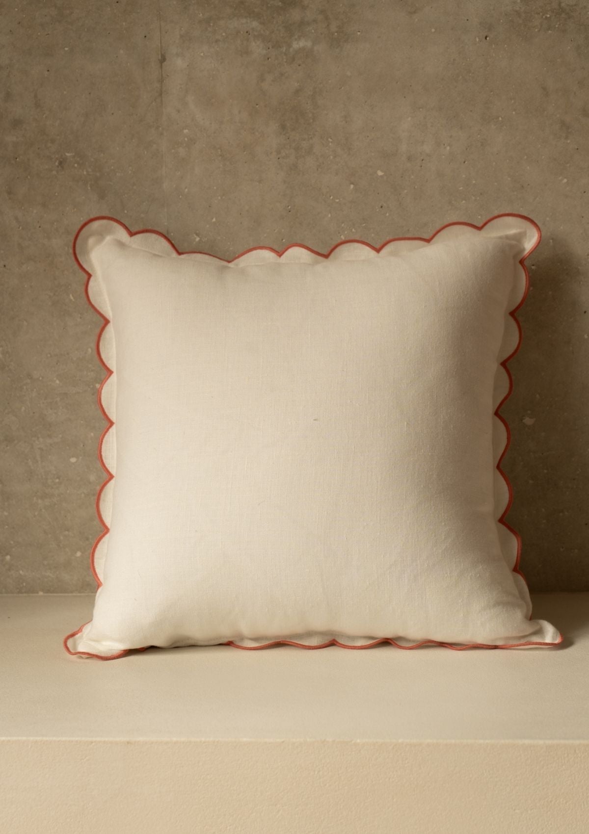 Scalloped Square Linen Cushion in White & Powder Pink