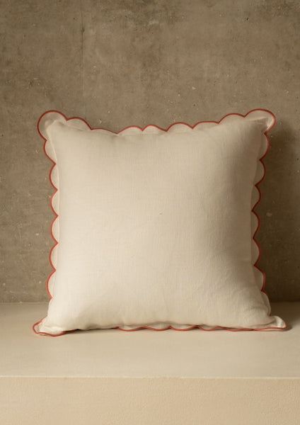Scalloped Square Linen Cushion in White & Powder Pink