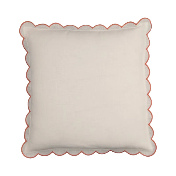 Scalloped Square Linen Cushion in White & Powder Pink