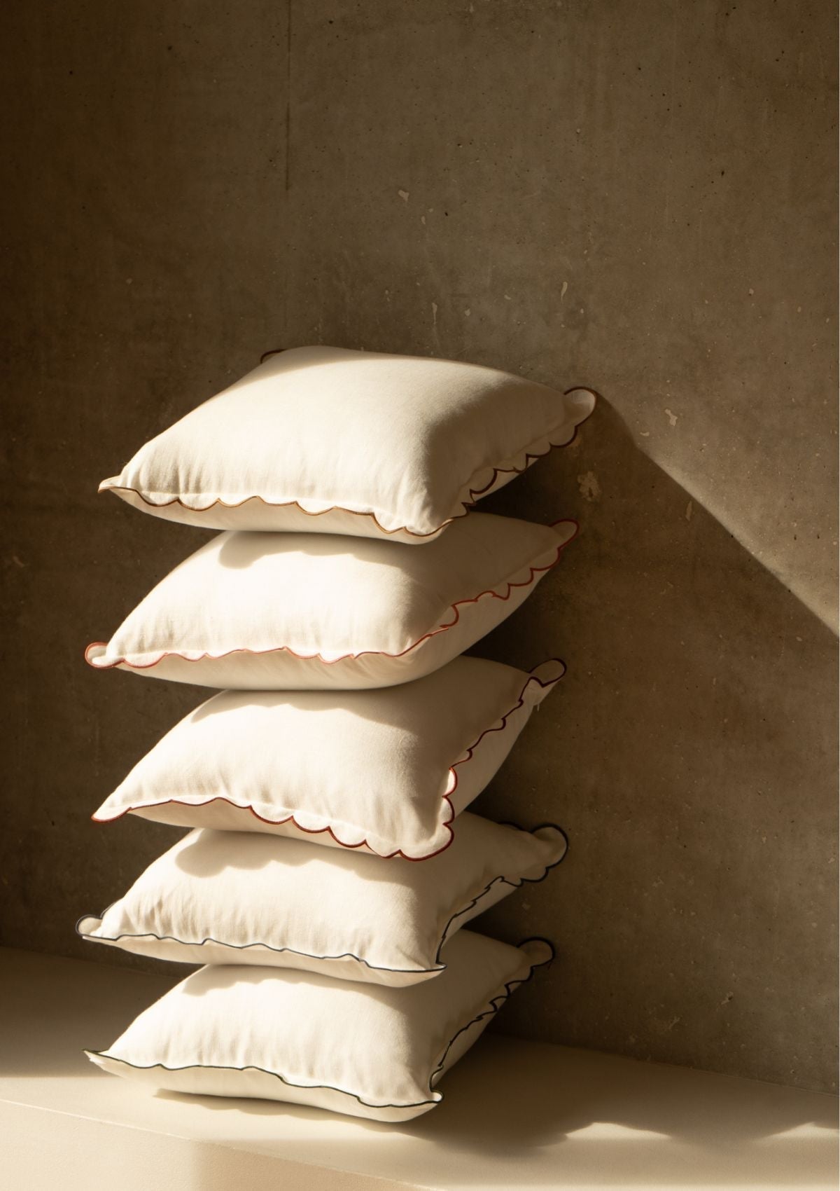 Scalloped Square Linen Cushion in White & Powder Pink