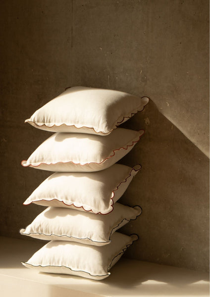 Scalloped Square Linen Cushion in White & Powder Pink