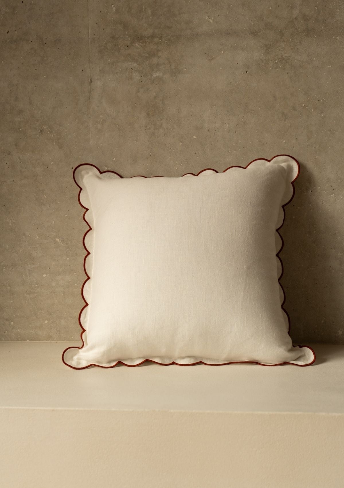 Scalloped Square Linen Cushion in White & Terracotta