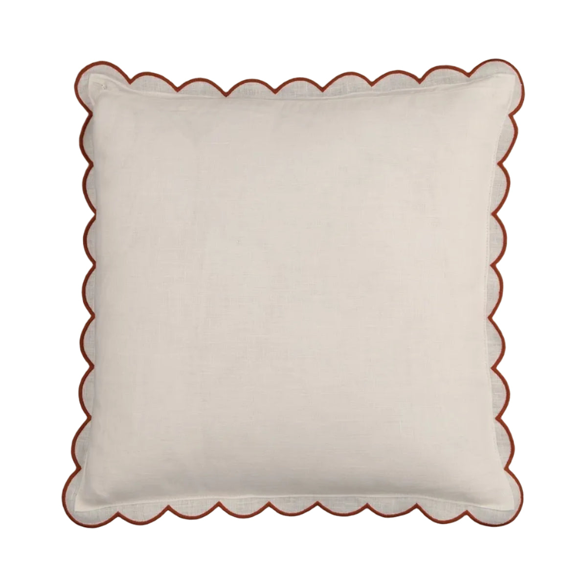 Scalloped Square Linen Cushion in White & Terracotta