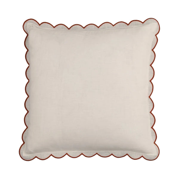 Scalloped Square Linen Cushion in White & Terracotta
