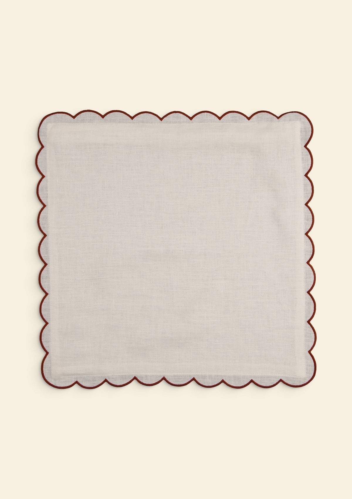 Scalloped Square Linen Cushion in White & Terracotta