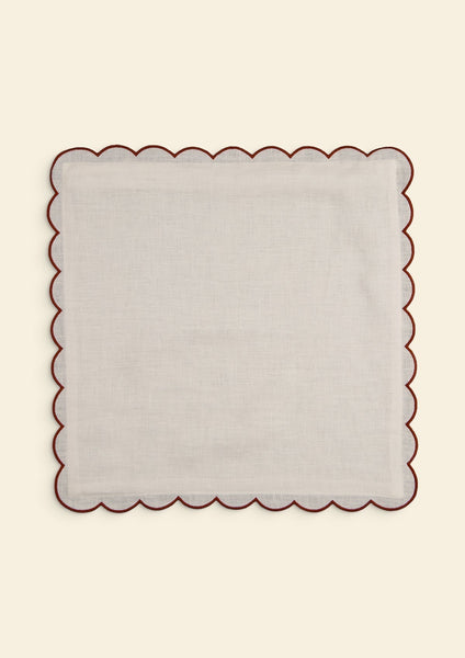 Scalloped Square Linen Cushion in White & Terracotta