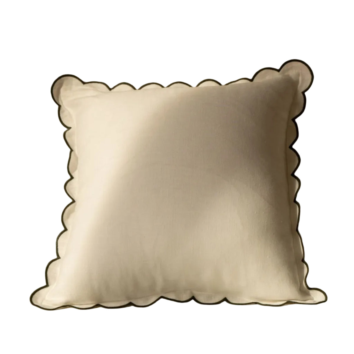 Scalloped Square Linen Cushion in White & Forest Green