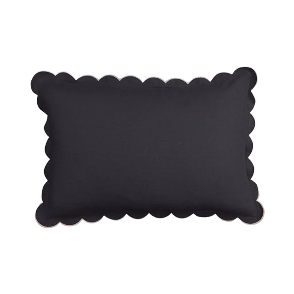 Scalloped Rectangular Linen Cushion in Slate Blue & White