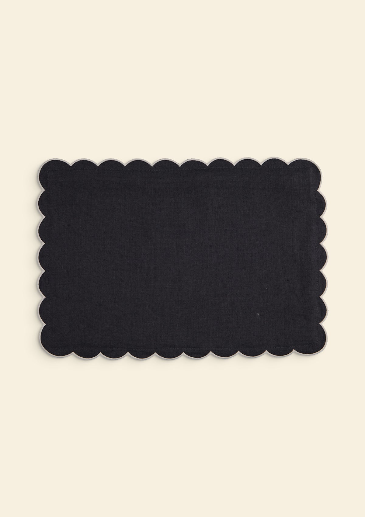Scalloped Rectangular Linen Cushion in Slate Blue & White