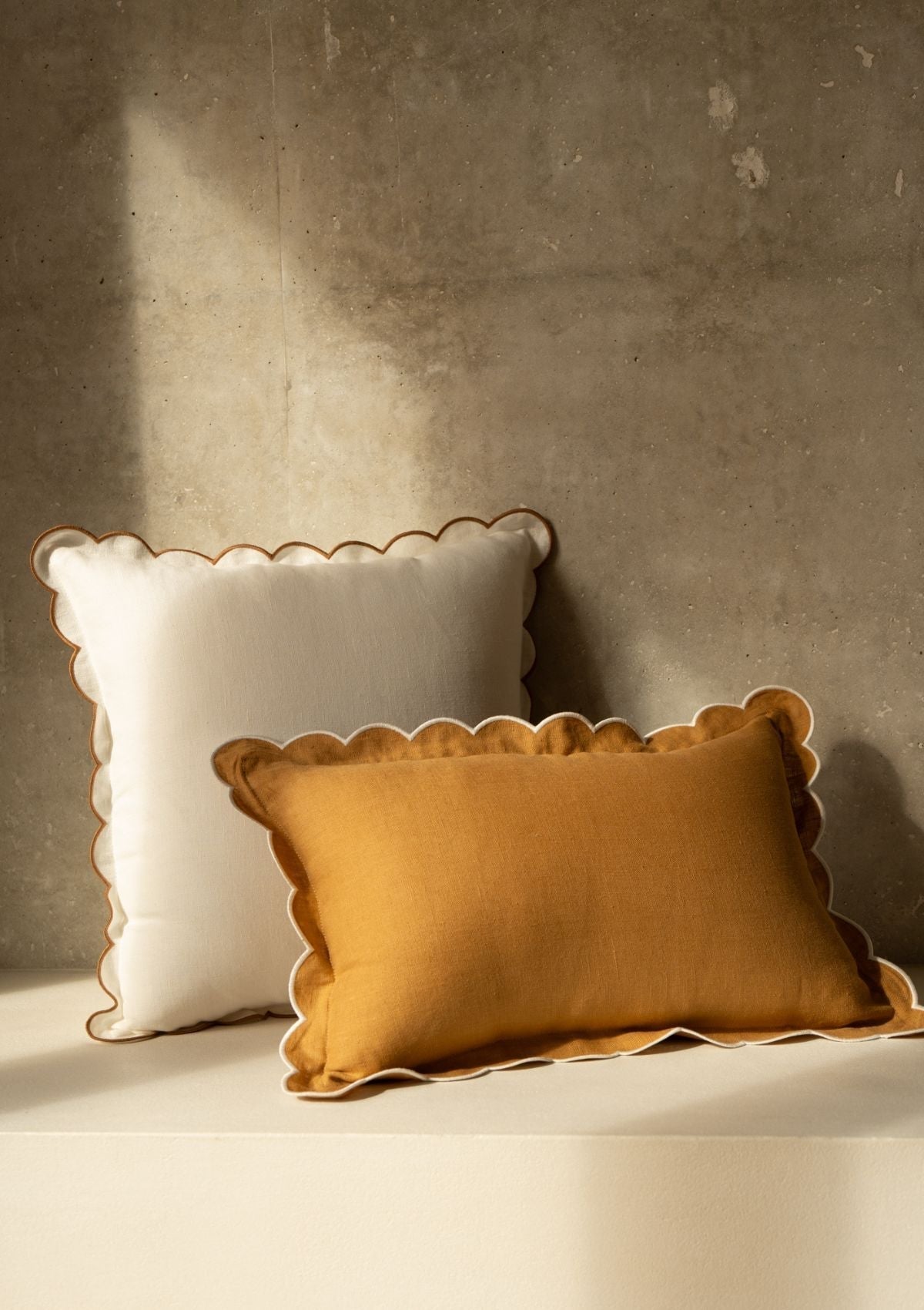 Scalloped Rectangular Linen Cushion in Yellow Ochre & White