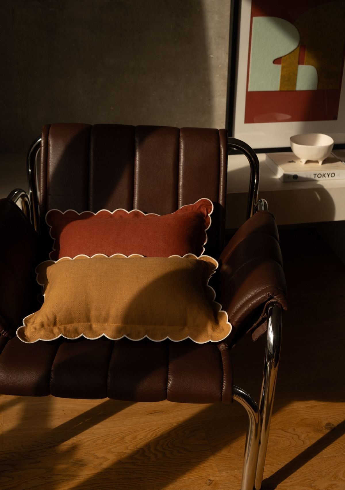 Scalloped Rectangular Linen Cushion in Yellow Ochre & White