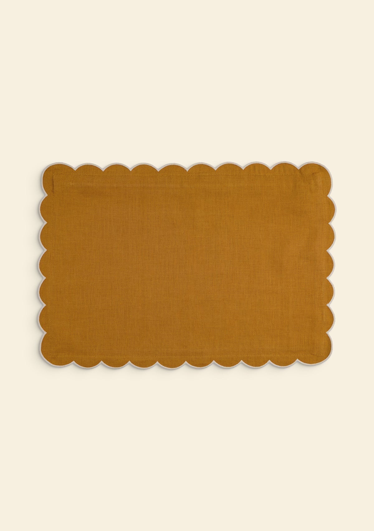 Scalloped Rectangular Linen Cushion in Yellow Ochre & White