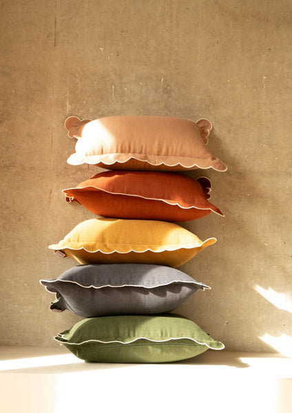 Scalloped Rectangular Linen Cushion in Yellow Ochre & White