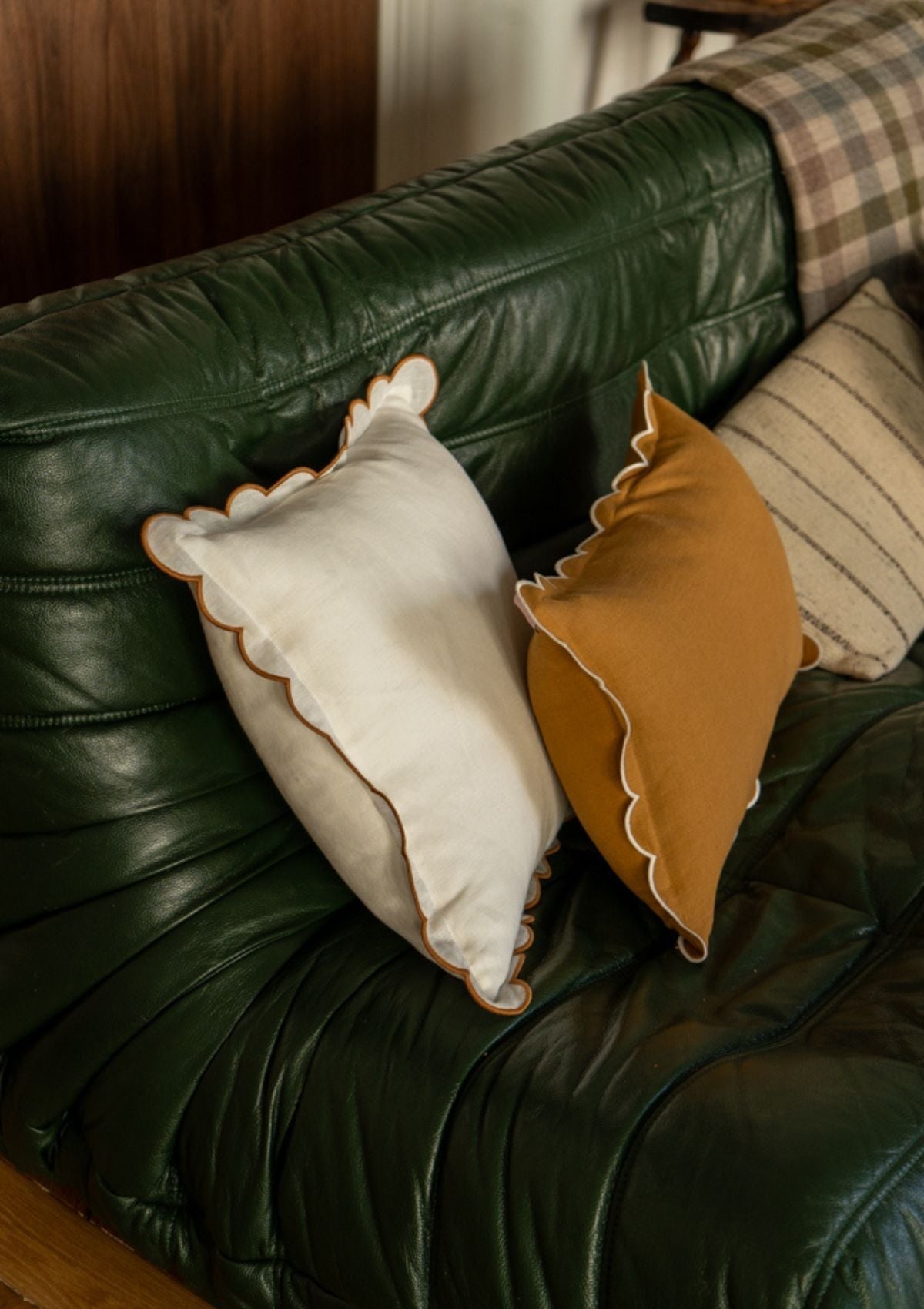 Scalloped Square Linen Cushion in White & Yellow Ochre