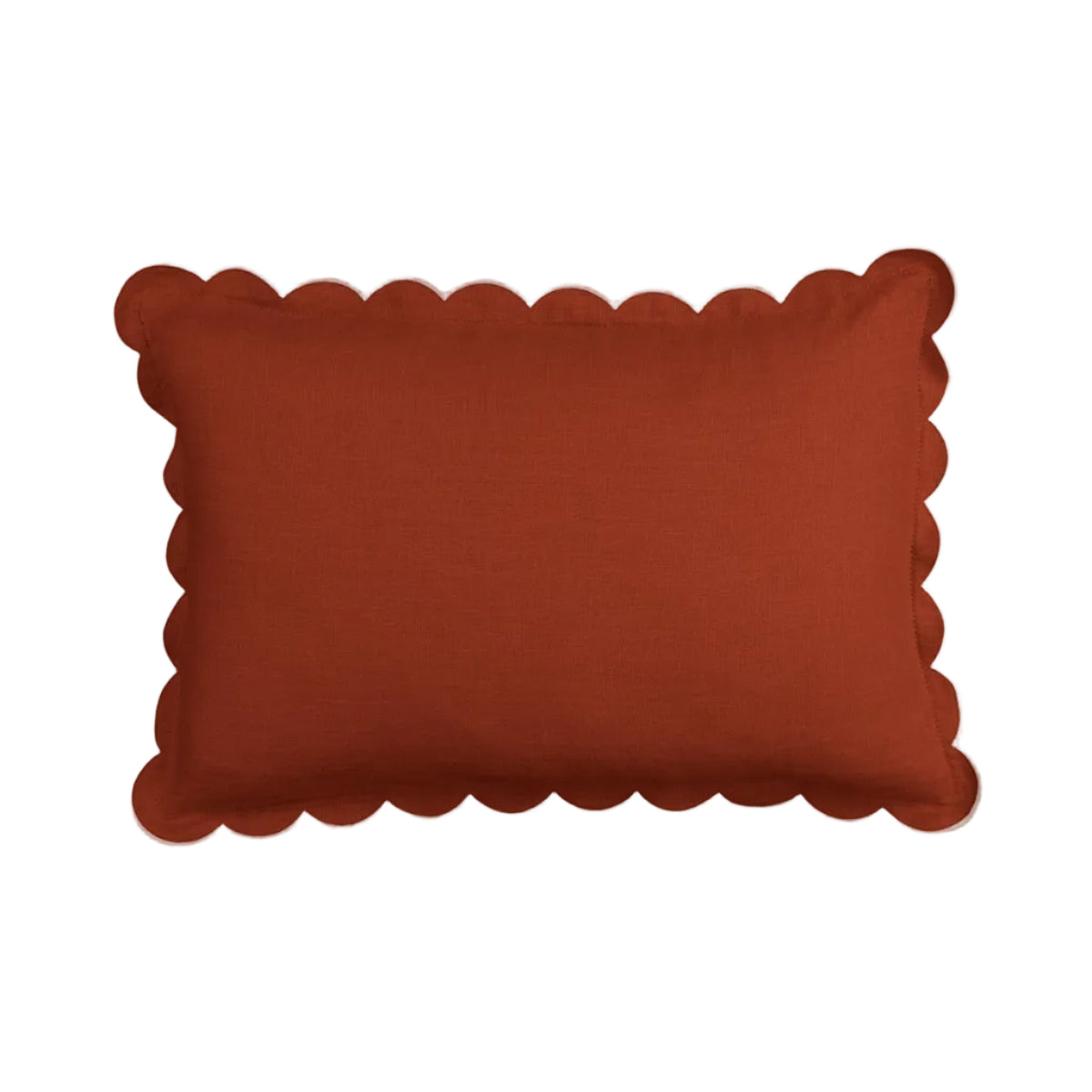 Scalloped Rectangular Linen Cushion in Terracotta & White