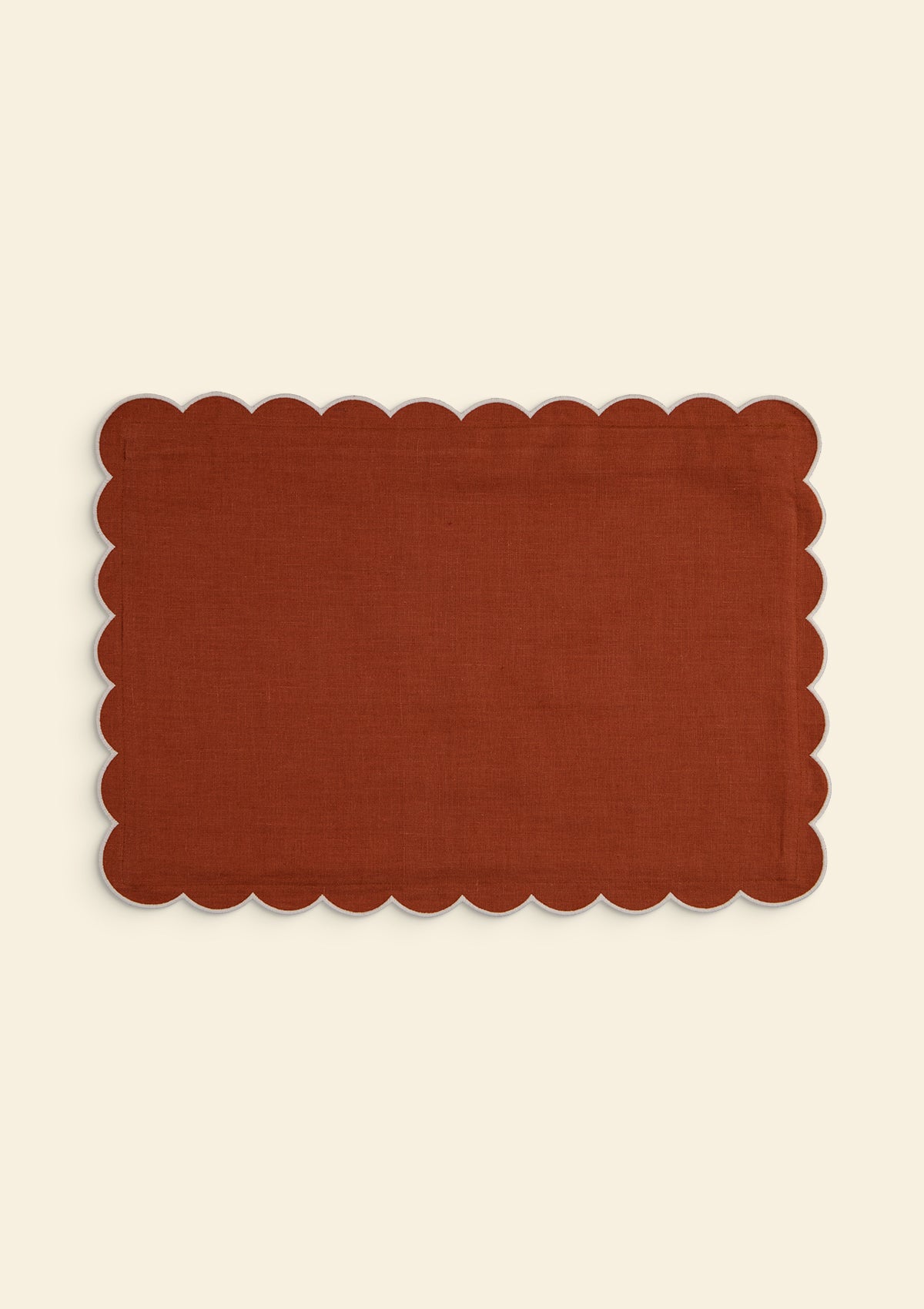 Scalloped Rectangular Linen Cushion in Terracotta & White