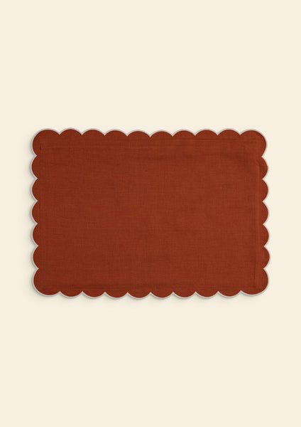 Scalloped Rectangular Linen Cushion in Terracotta & White