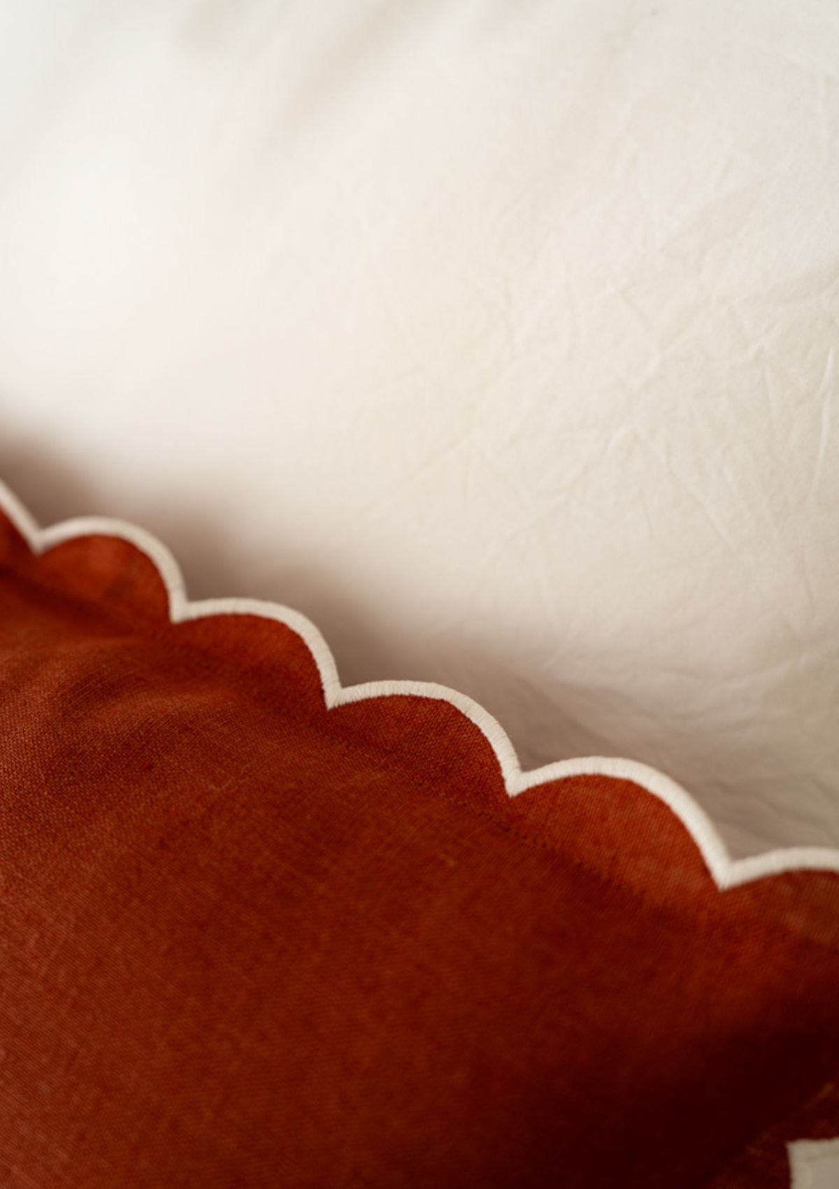 Scalloped Rectangular Linen Cushion in Terracotta & White