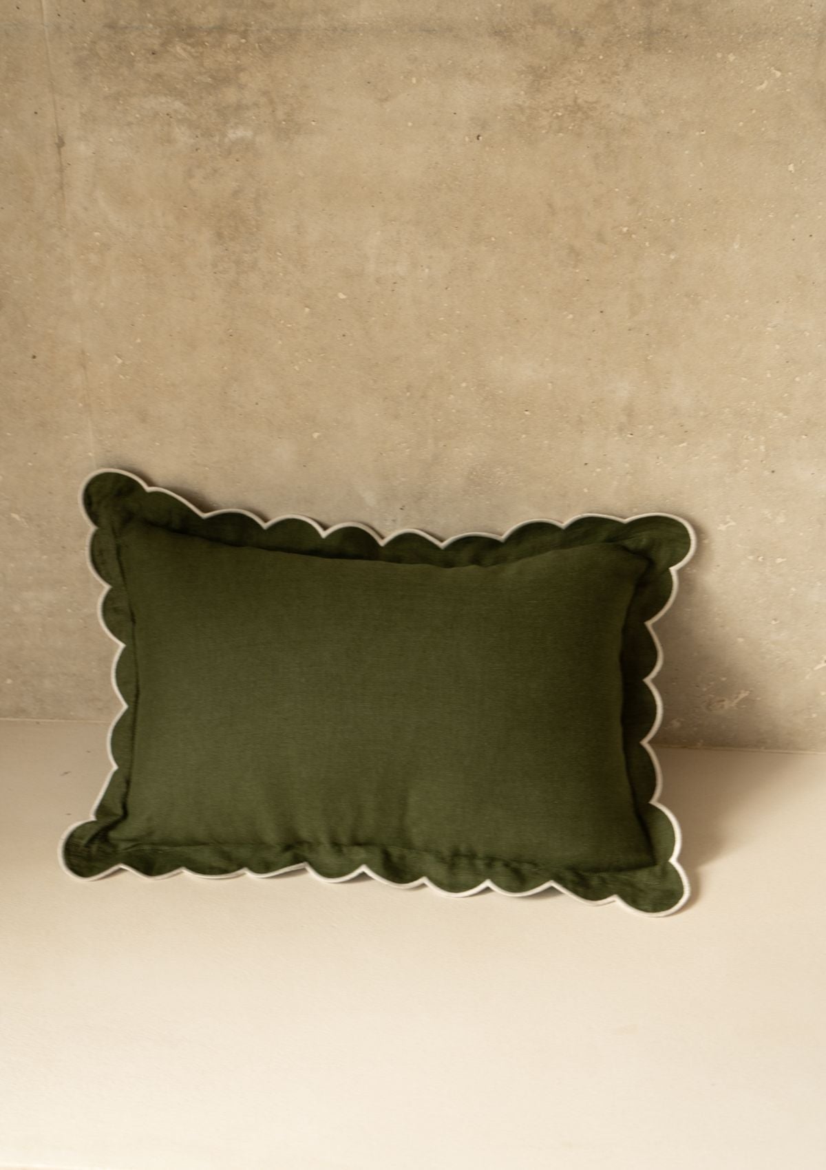 Scalloped Rectangular Linen Cushion in Forest Green & White