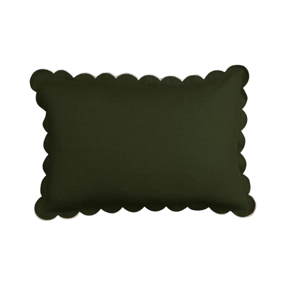 Scalloped Rectangular Linen Cushion in Forest Green & White