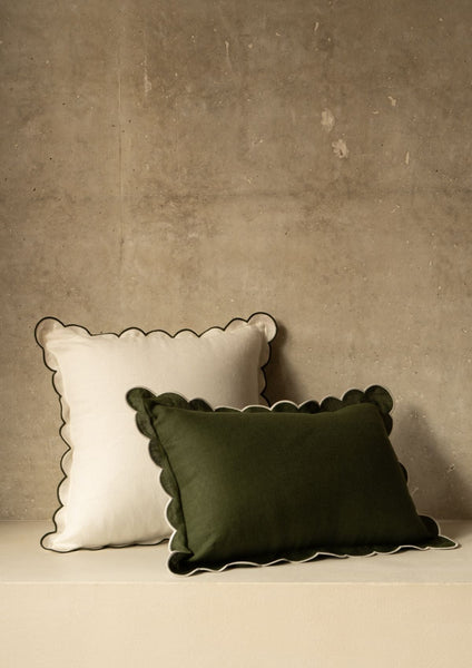 Scalloped Rectangular Linen Cushion in Forest Green & White