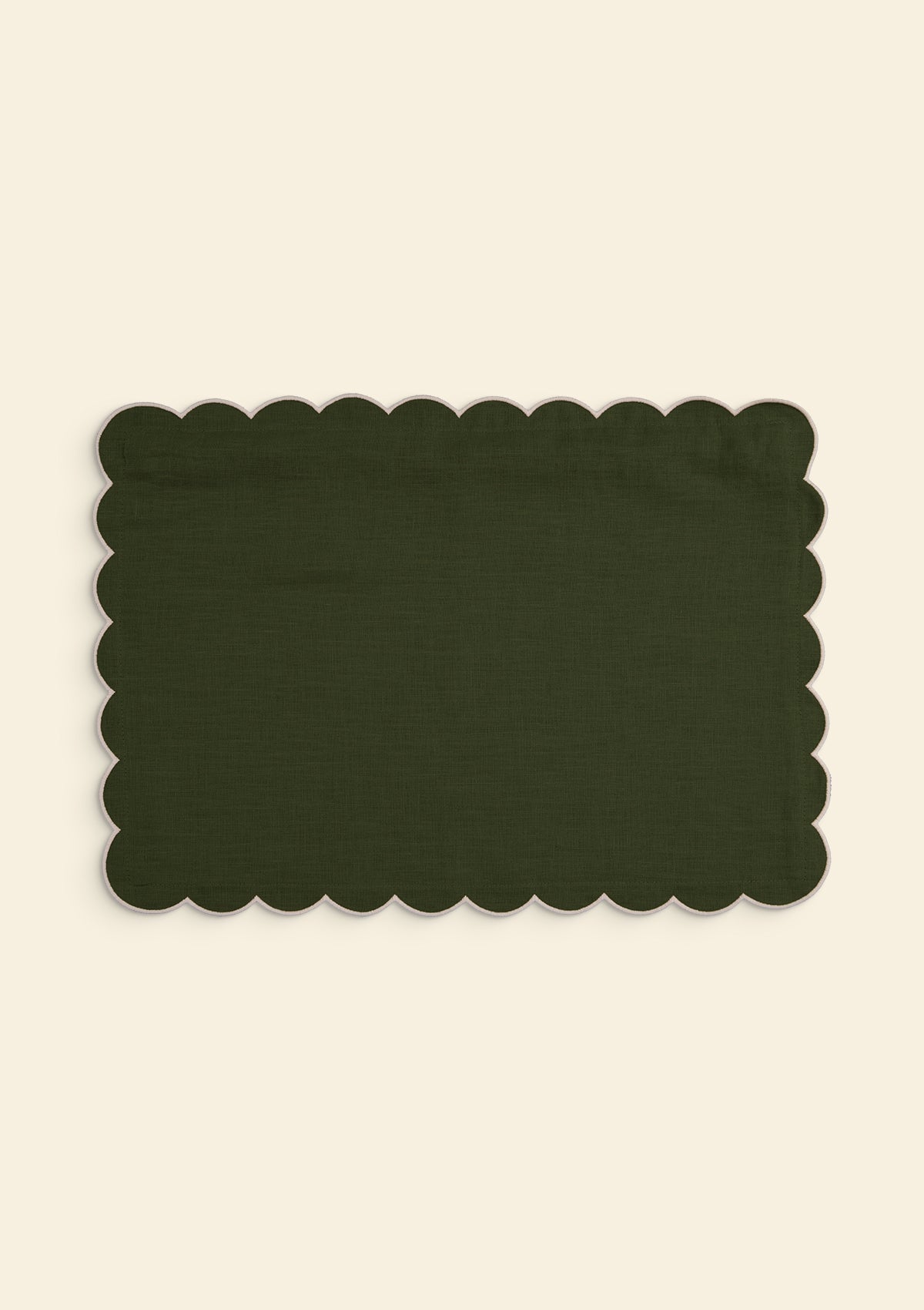 Scalloped Rectangular Linen Cushion in Forest Green & White