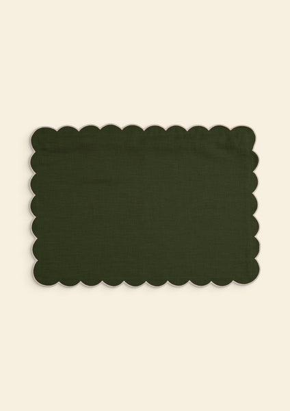 Scalloped Rectangular Linen Cushion in Forest Green & White