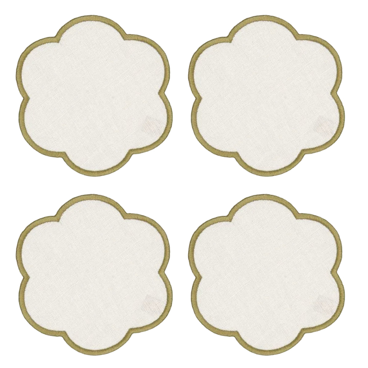 Scalloped Linen Coasters in Ivory & Olive Green (Set of 4)
