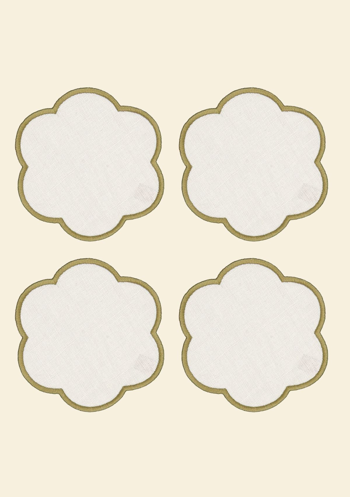 Ivory & Olive Green Scalloped Linen Coasters (Set of 4)