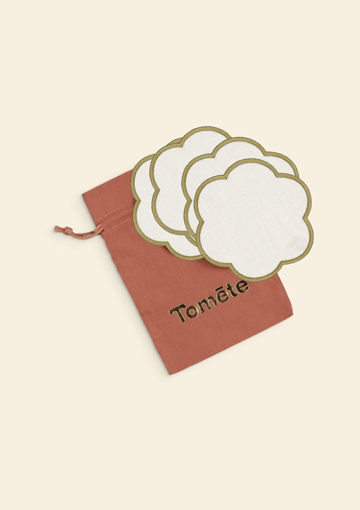 Scalloped Linen Coasters in Ivory & Olive Green (Set of 4)