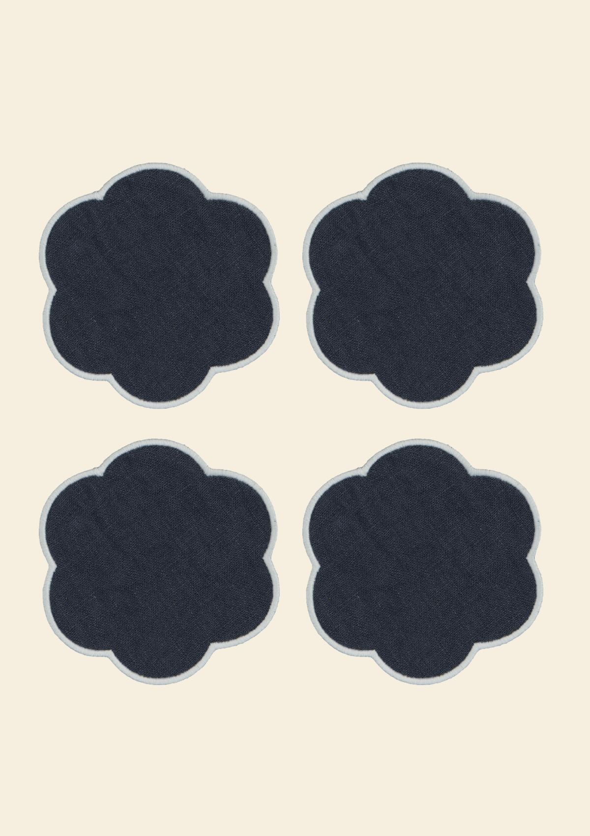 The Slate Blue and White Linen Scalloped Coasters (Set of 4)