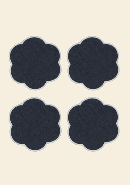 The Slate Blue and White Linen Scalloped Coasters (Set of 4)